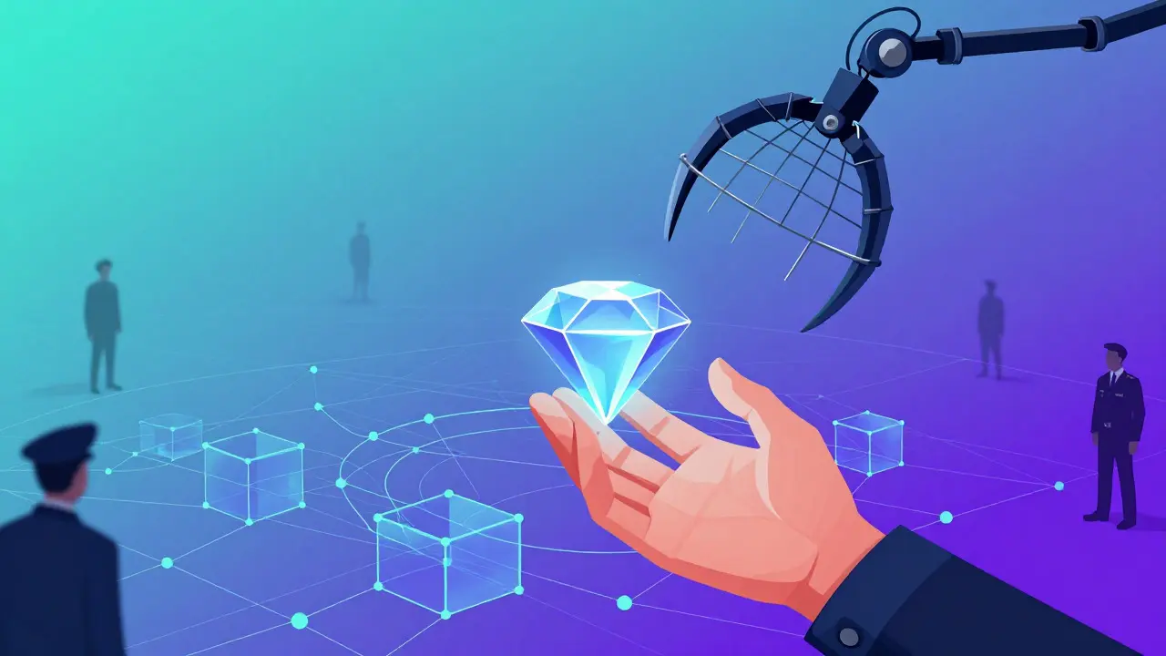 Illustration of a hand grasping digital assets while a mechanical net descends