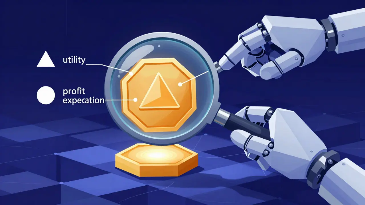 Illustration of a robot analyzing a hexagonal token under a magnifying glass