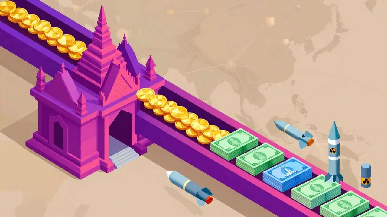 Illustration of crypto flowing through Cambodia to become clean funds.