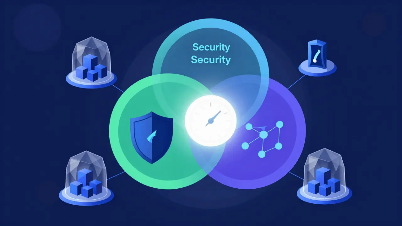 Interlocking geometric rings symbolizing the blockchain trilemma of security and scale.