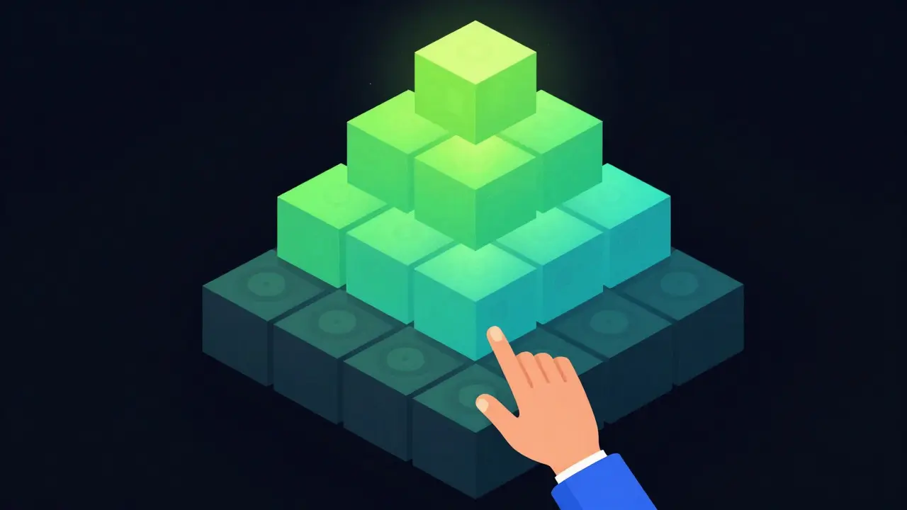 Isometric view of a tiered geometric pyramid representing reward levels