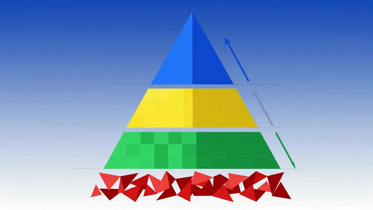 Layered geometric shapes representing different cryptocurrency market cap categories from micro to large
