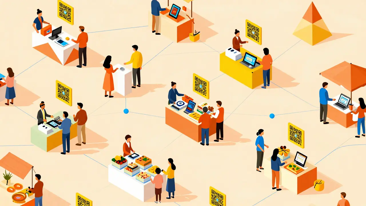 Marketplace with floating QR codes representing peer-to-peer crypto trades