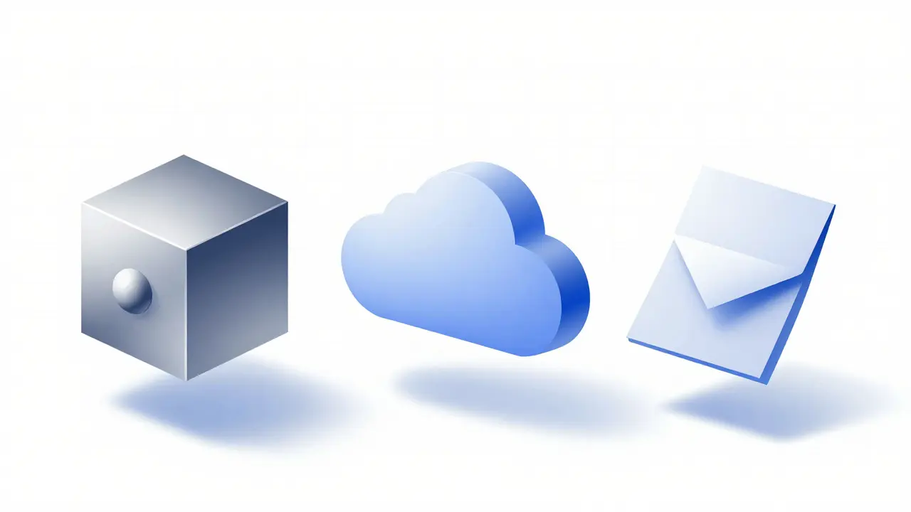Minimalist geometric shapes representing hardware, software, and paper crypto wallets.