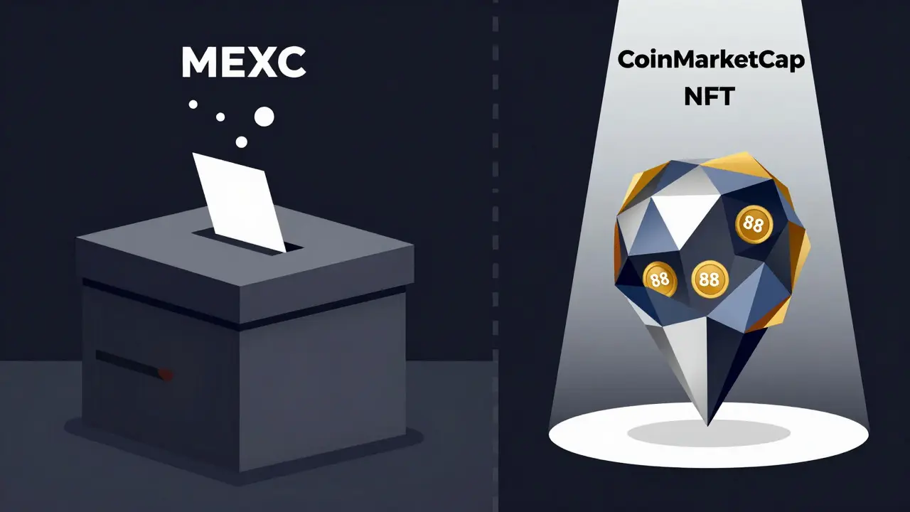 Split geometric scene showing a ballot box on the left and a unique NFT sculpture on the right