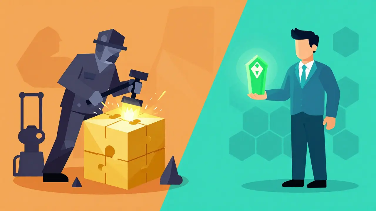 Split illustration comparing mining puzzles and staking pillars in geometric style.