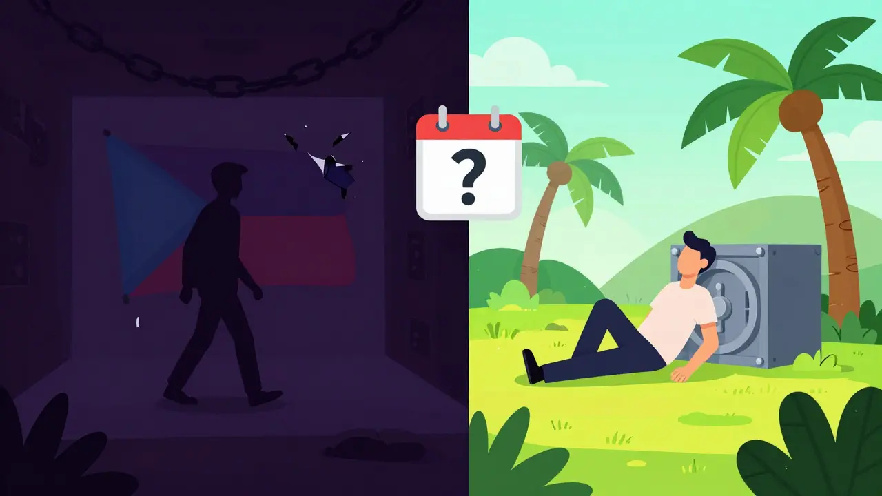 Split scene showing the irreversible loss of citizenship versus life in a new low-tax jurisdiction