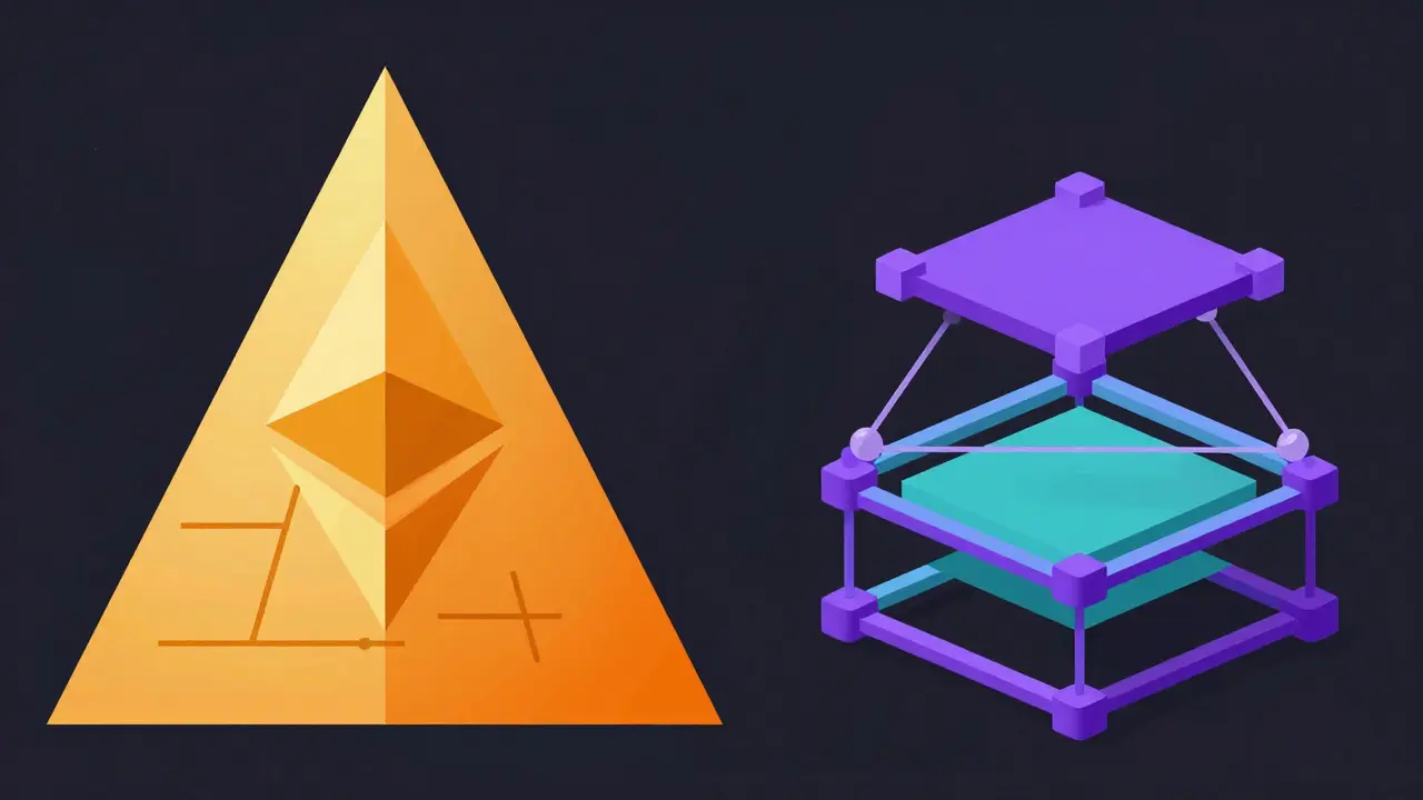 Split view comparing Bitcoin's simple tree structure with Ethereum's complex trie architecture.