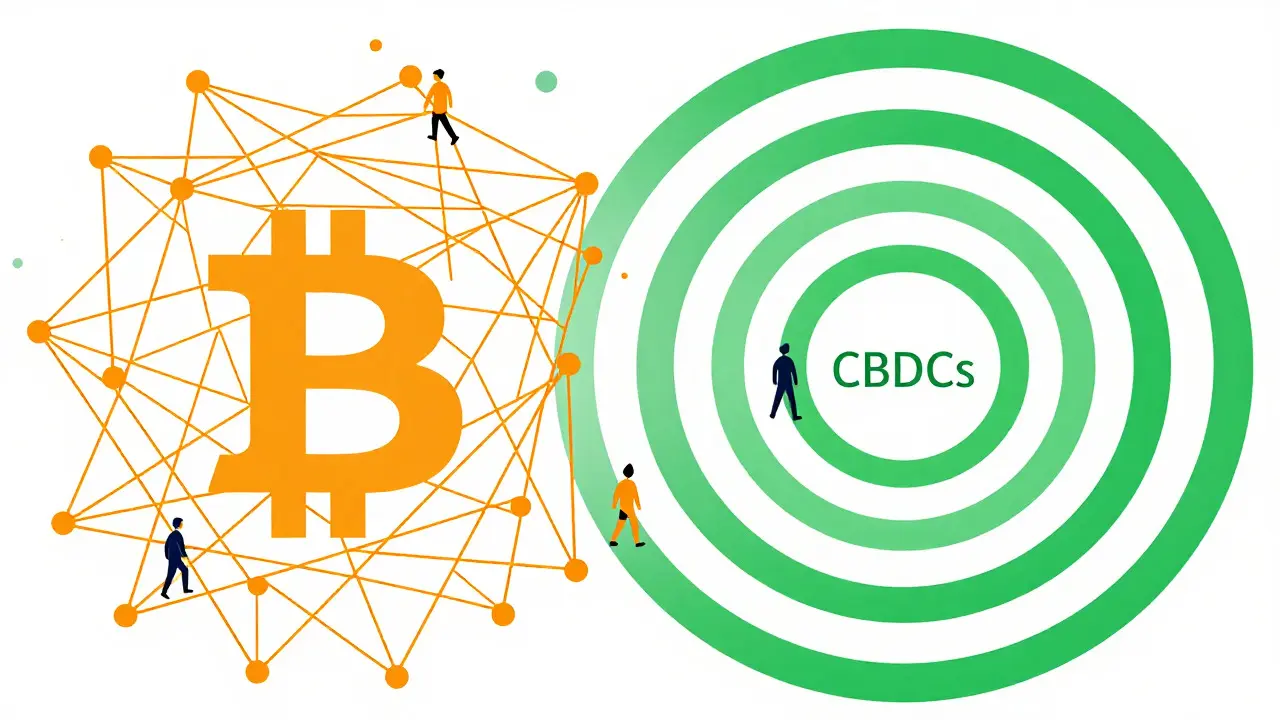 Split view comparing chaotic Bitcoin networks with orderly CBDCs