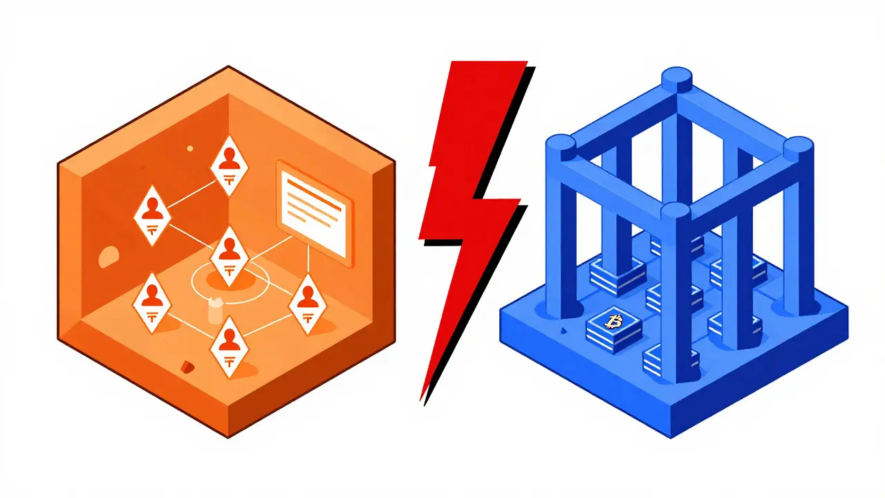 Split view of orange DeFi platform and blue Bitcoin infrastructure separated by a warning sign.