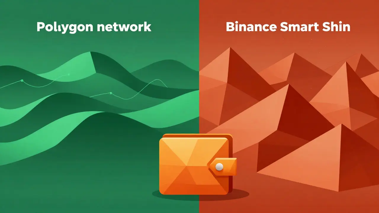 Split view of smooth green vs jagged orange geometric blockchain landscapes