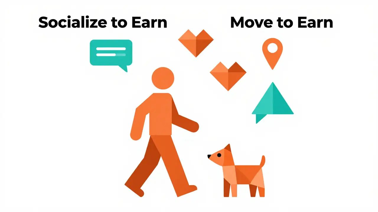 Stylized figure walking with virtual pet and social icons