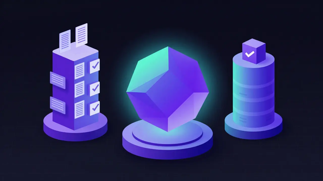 Stylized geometric pillars supporting a central token, symbolizing DeFi utility functions.