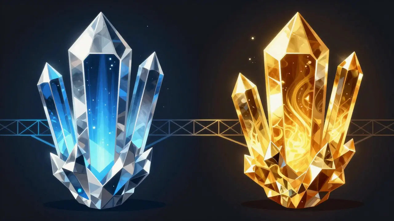Two contrasting geometric crystals representing governance and reward tokens in a crypto game