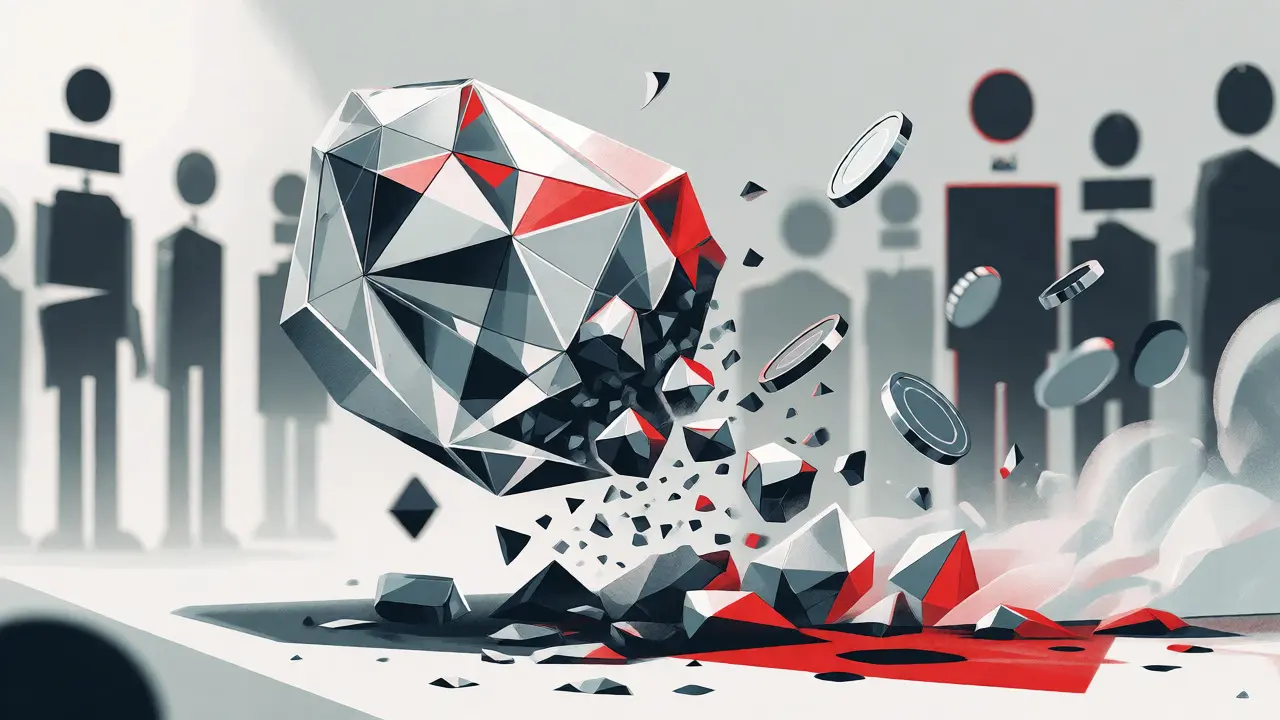 A geometric crystal shattering into dissolving coin fragments against a gray background.