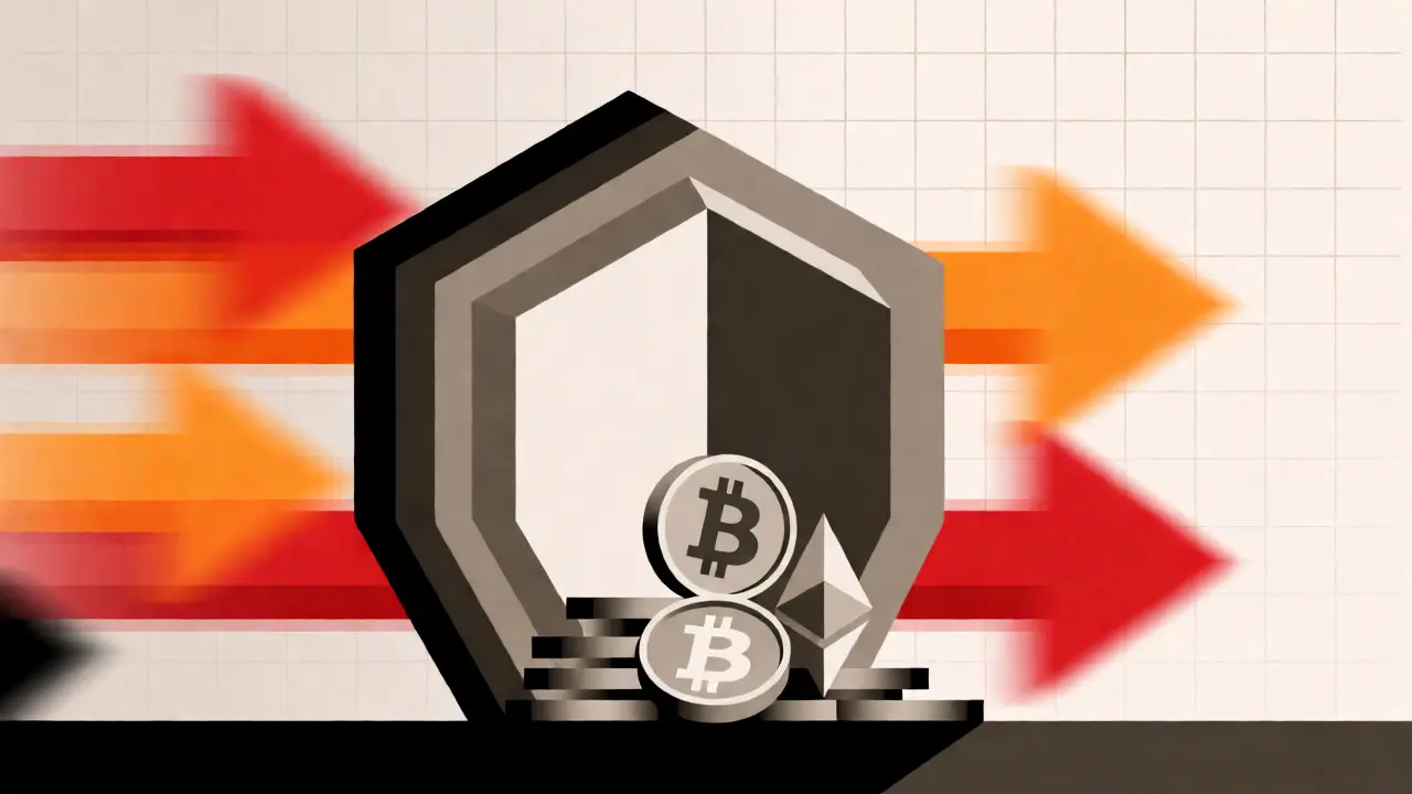 A protective shield guarding crypto assets from fast-moving speculative trading arrows.