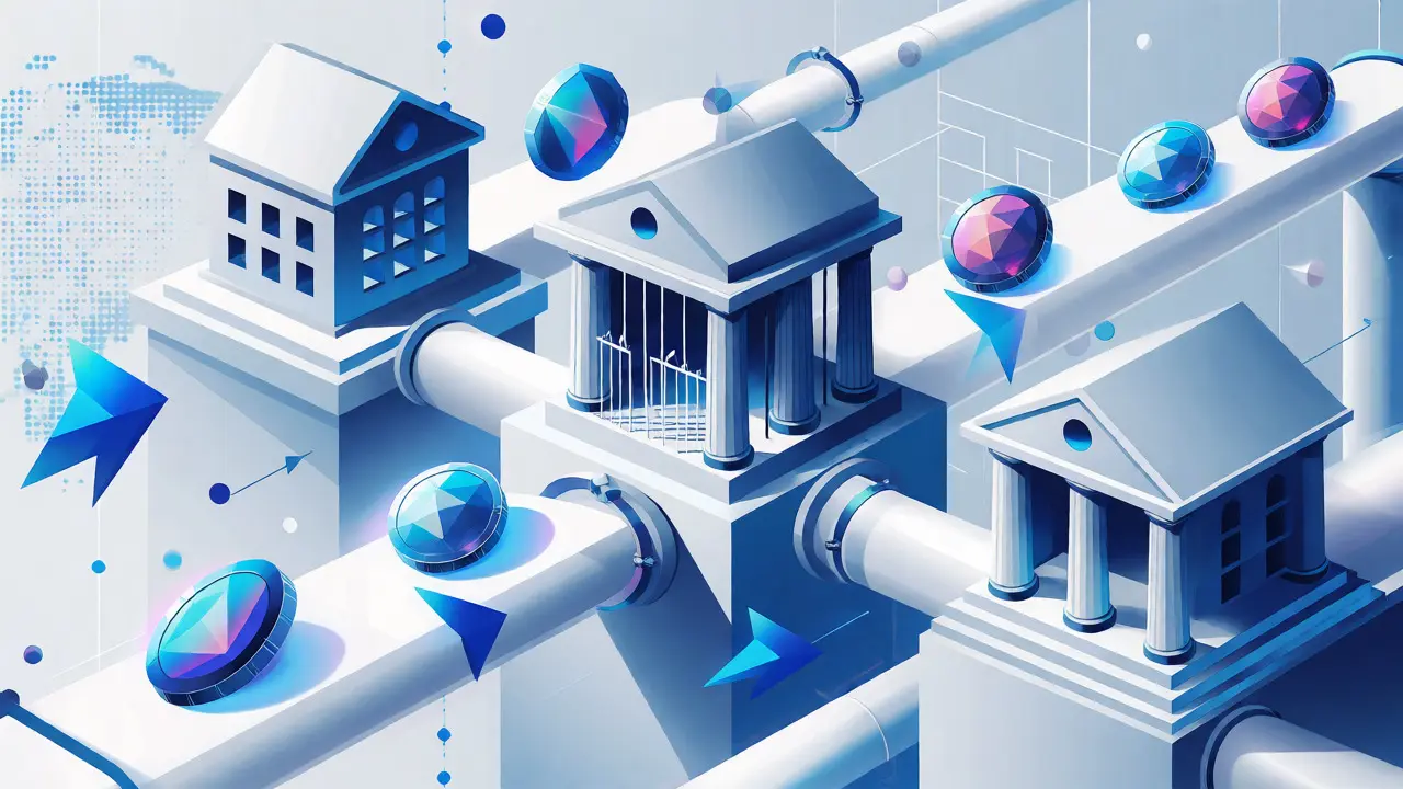 Abstract crypto coins flowing smoothly through open banking pipes