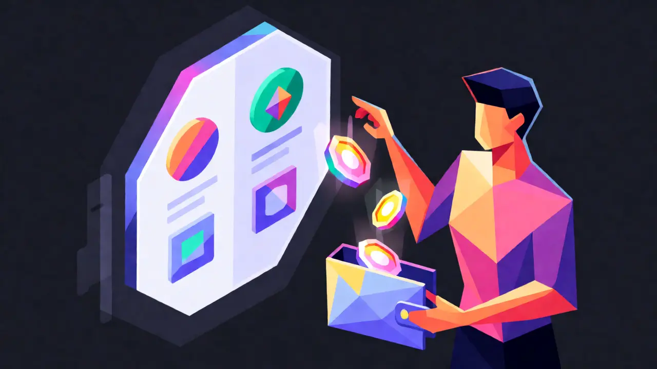 Abstract geometric figure claiming BINO tokens from a digital exchange interface