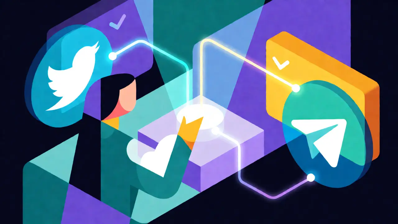 Abstract geometric figure connecting social media icons for a crypto task.