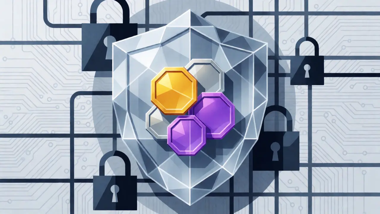 Abstract geometric shield protecting colorful cryptocurrency tokens