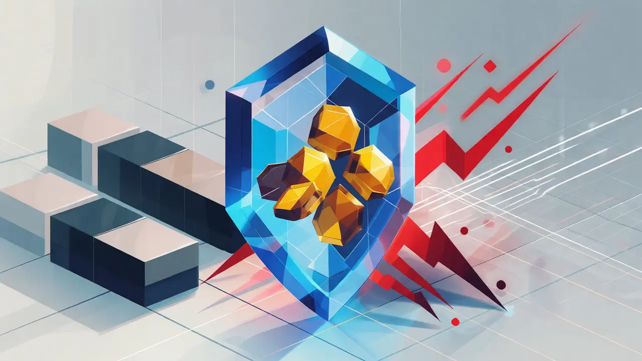 Abstract geometric shield protecting gold coins from red lightning bolts representing volatility.
