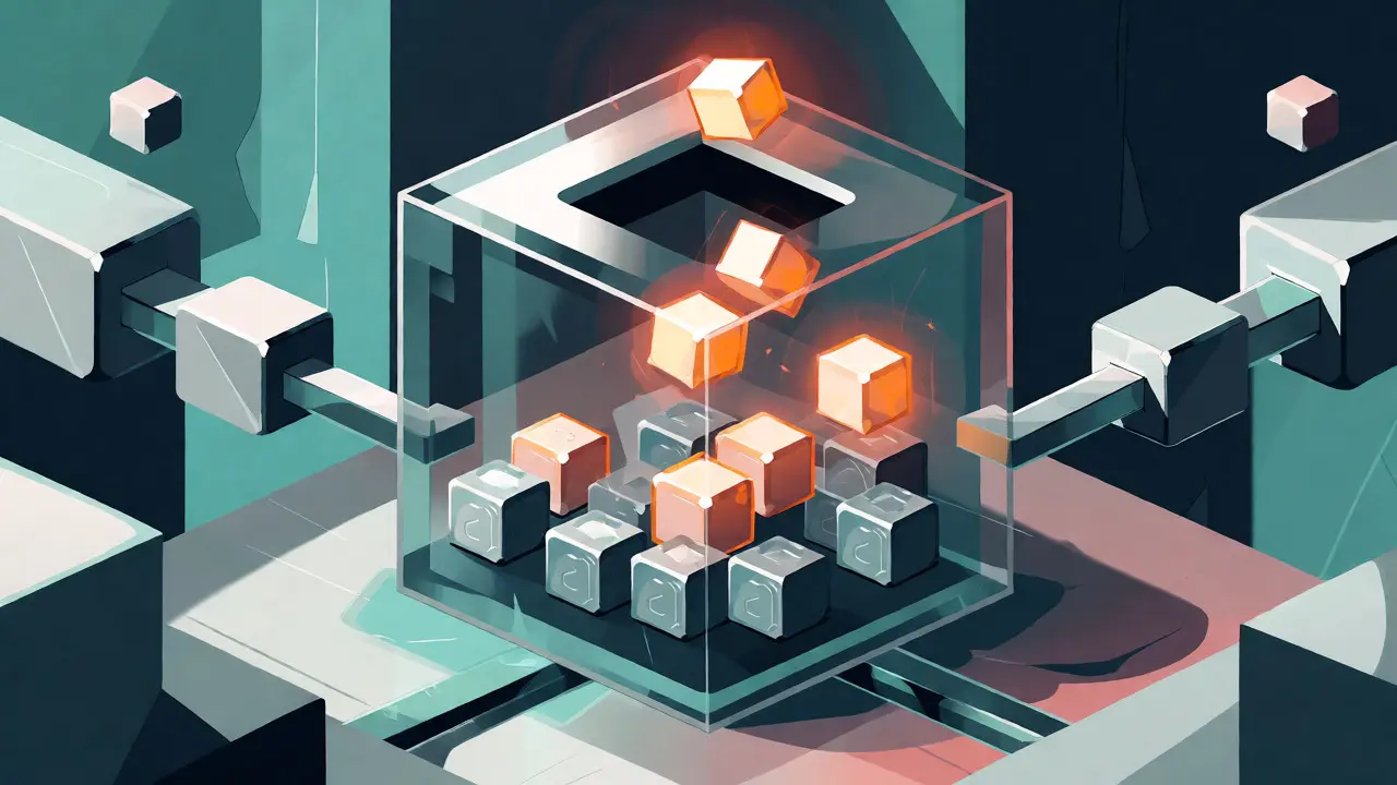 Abstract geometric vault showing locked and released crypto tokens.