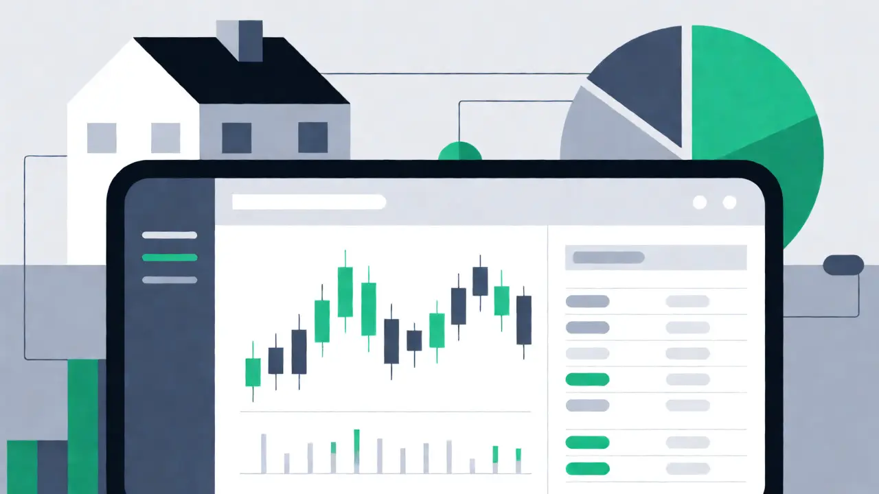 Digital trading interface connecting to tokenized real-world assets like real estate.