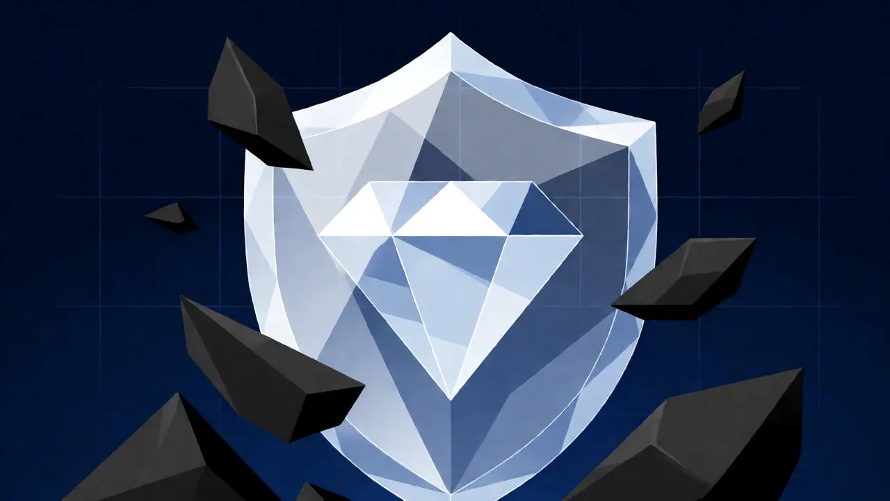 Faceted token protected by a crystalline shield against jagged threat shards