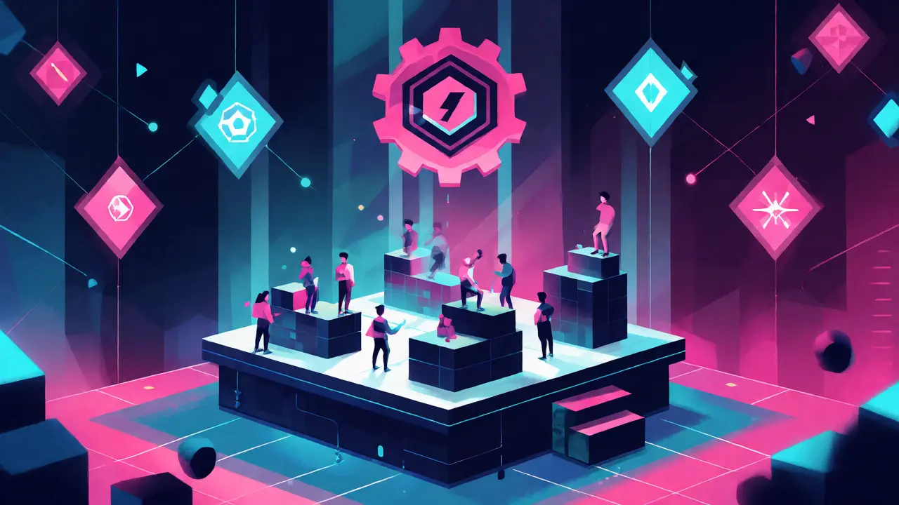 Futuristic geometric scene of indie developers building games under an SDK gear in the MixMarvel ecosystem