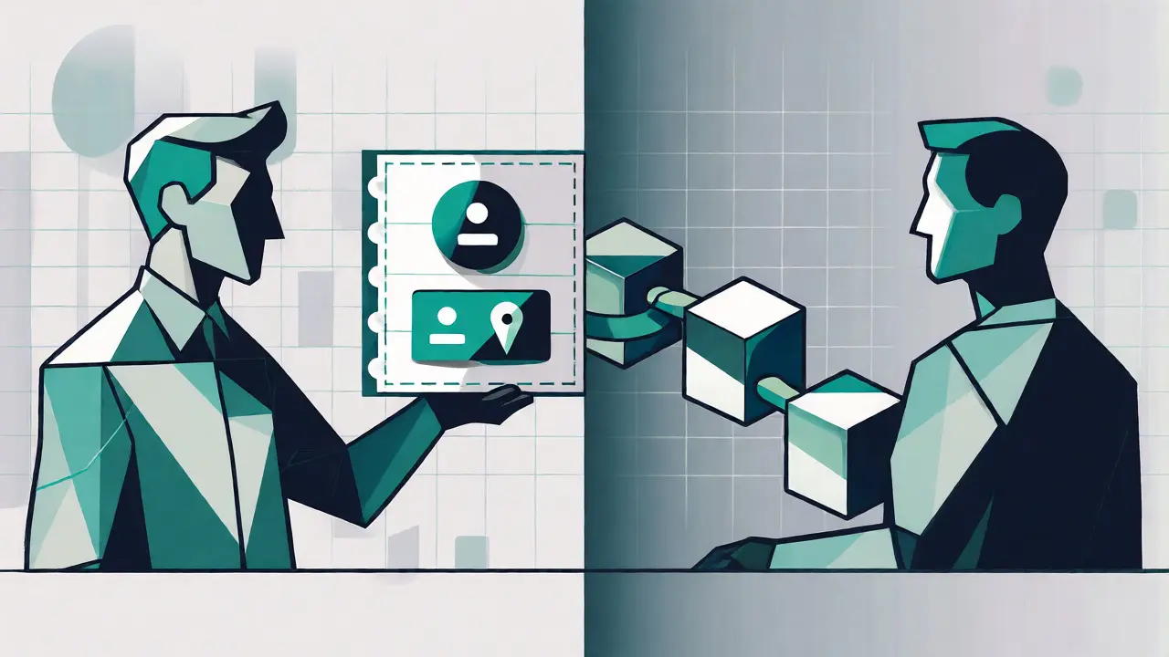 Geometric art showing Travel Rule data exchange between sender and receiver