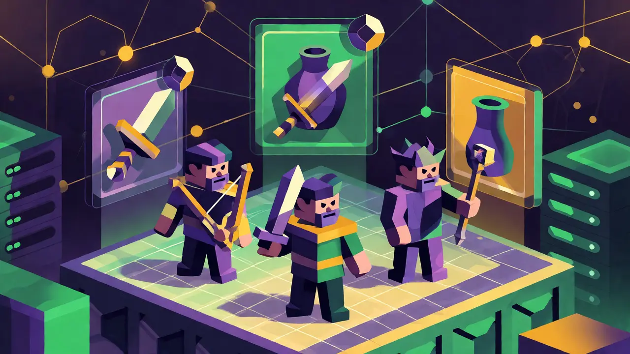Geometric cartoon of PolkaWar RPG characters and NFT marketplace items