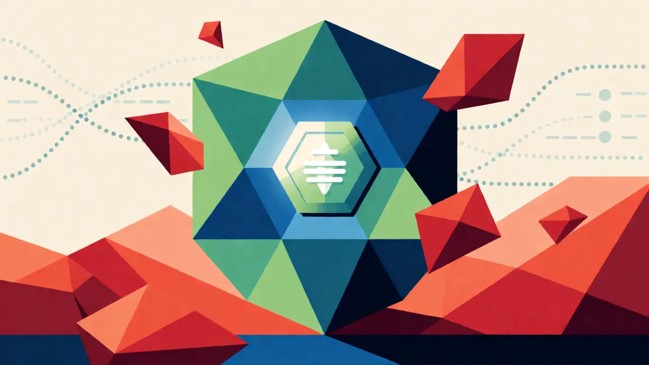 Geometric shield protecting a crypto token from jagged red scam elements