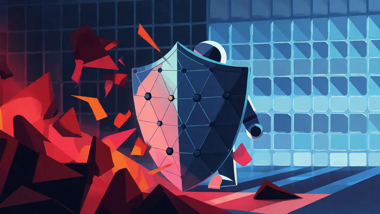Geometric shield protecting crypto assets from jagged scam threats