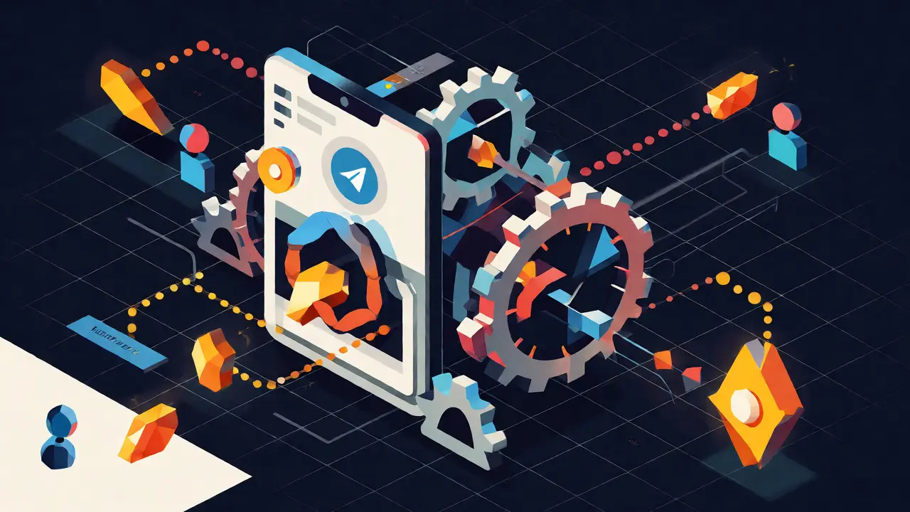 Isometric geometric art showing users earning CYC tokens through engagement tasks in a bot system.