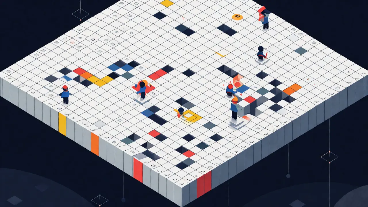 Isometric view of a collaborative pixel art grid being filled by users.