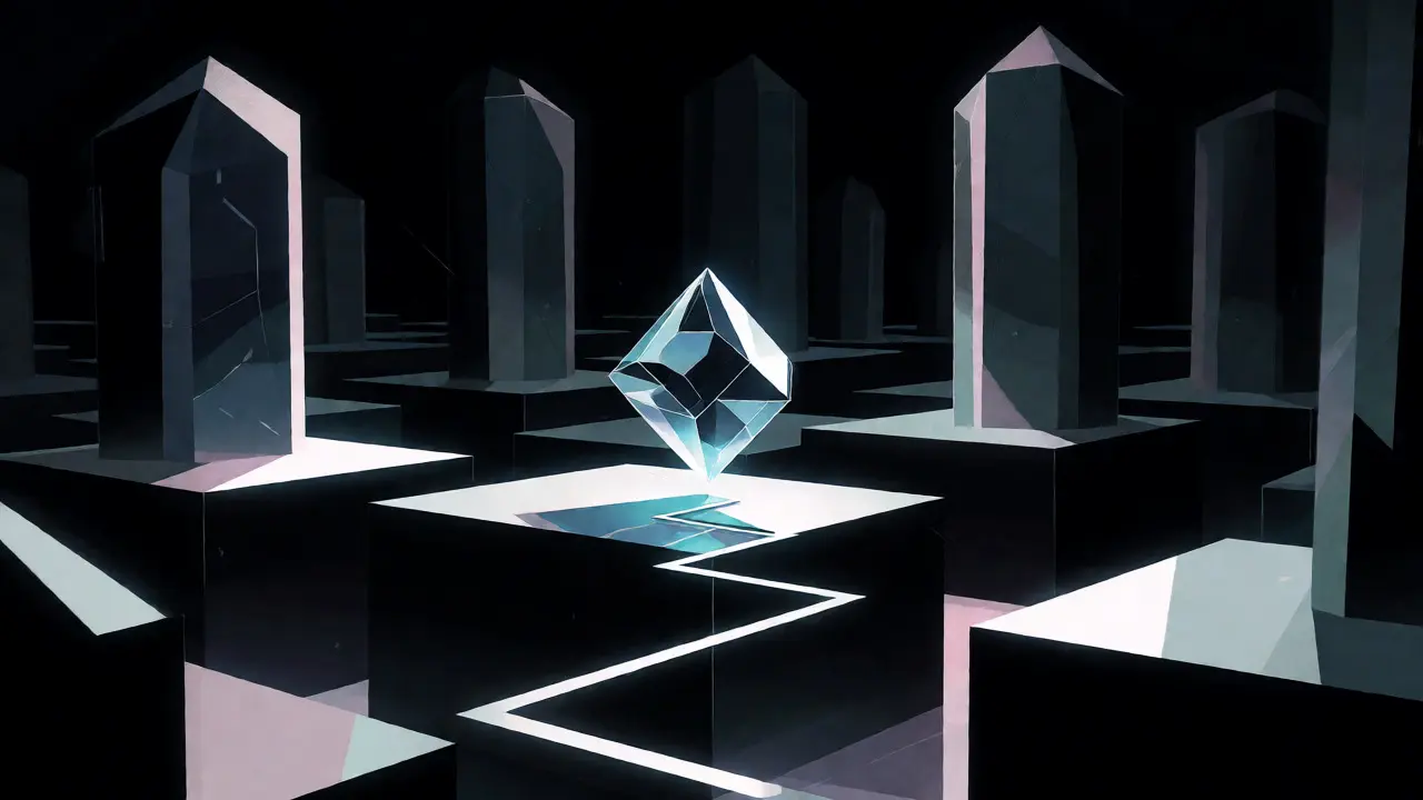 Small geometric crystal representing TAROT amidst large monolithic competitors
