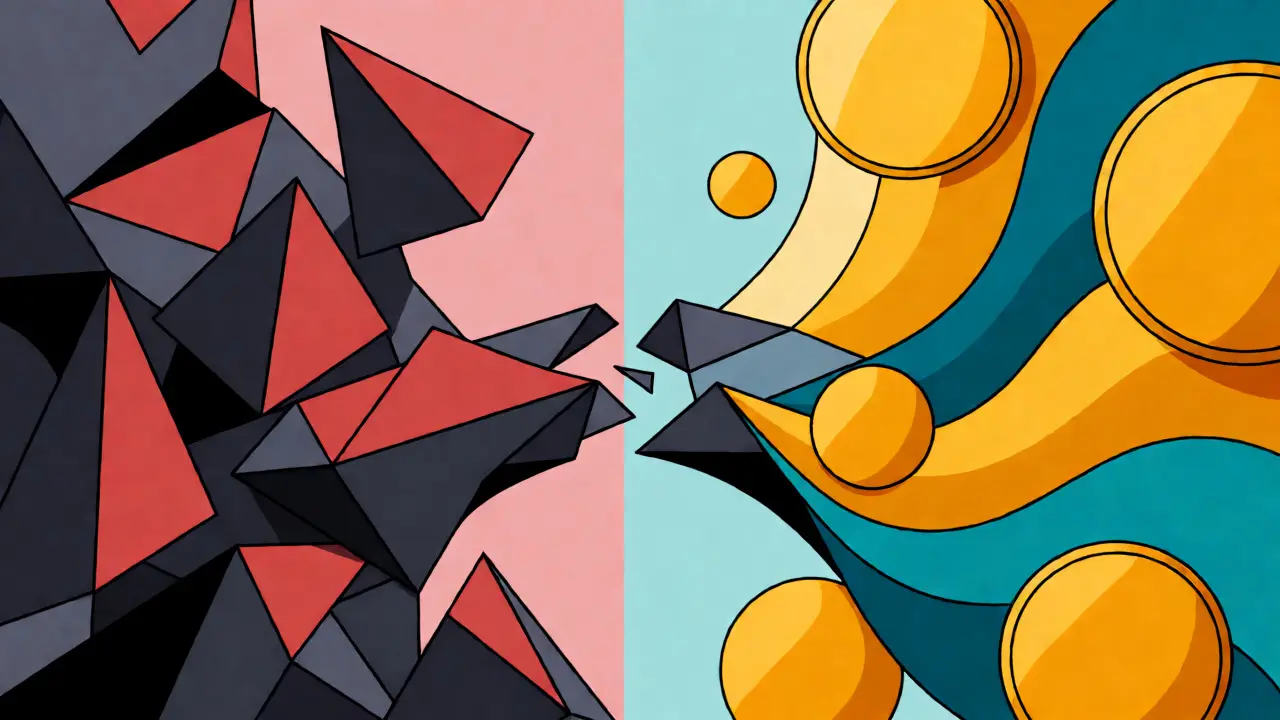 Split geometric view contrasting failed tech with successful exchanges