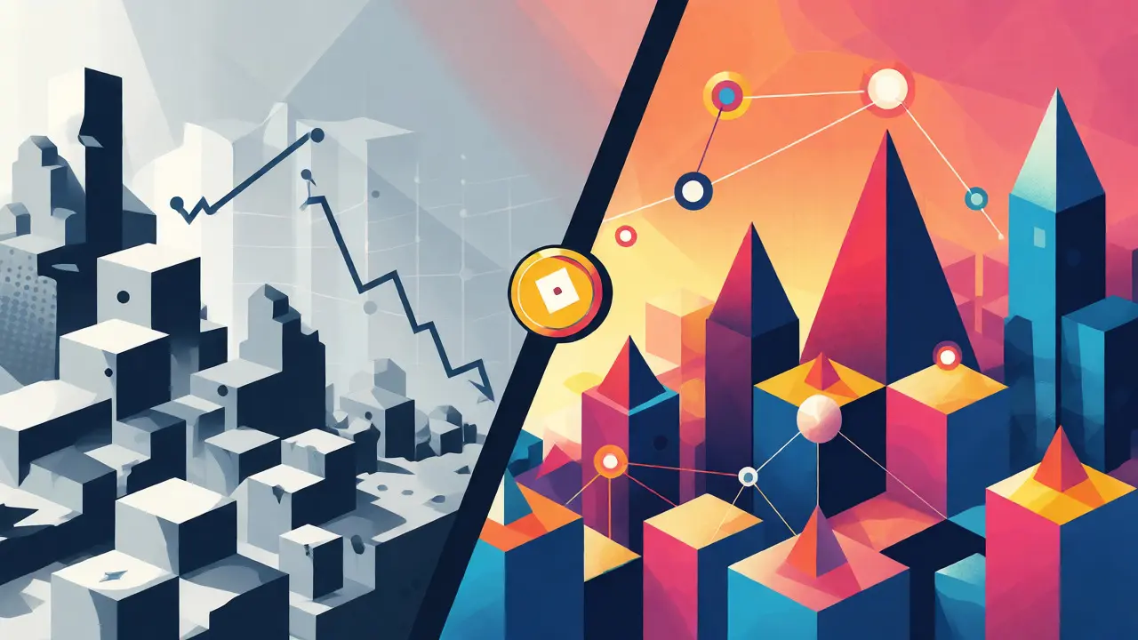 Split-screen geometric art contrasting the faded old BinaryX era with the vibrant new Four ecosystem.