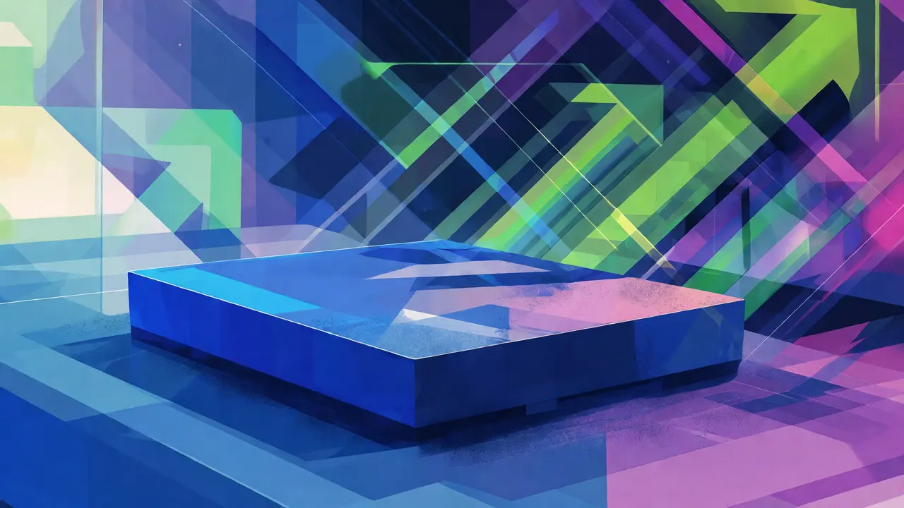 Static blue platform overshadowed by fast-moving colorful geometric shapes symbolizing competitors.