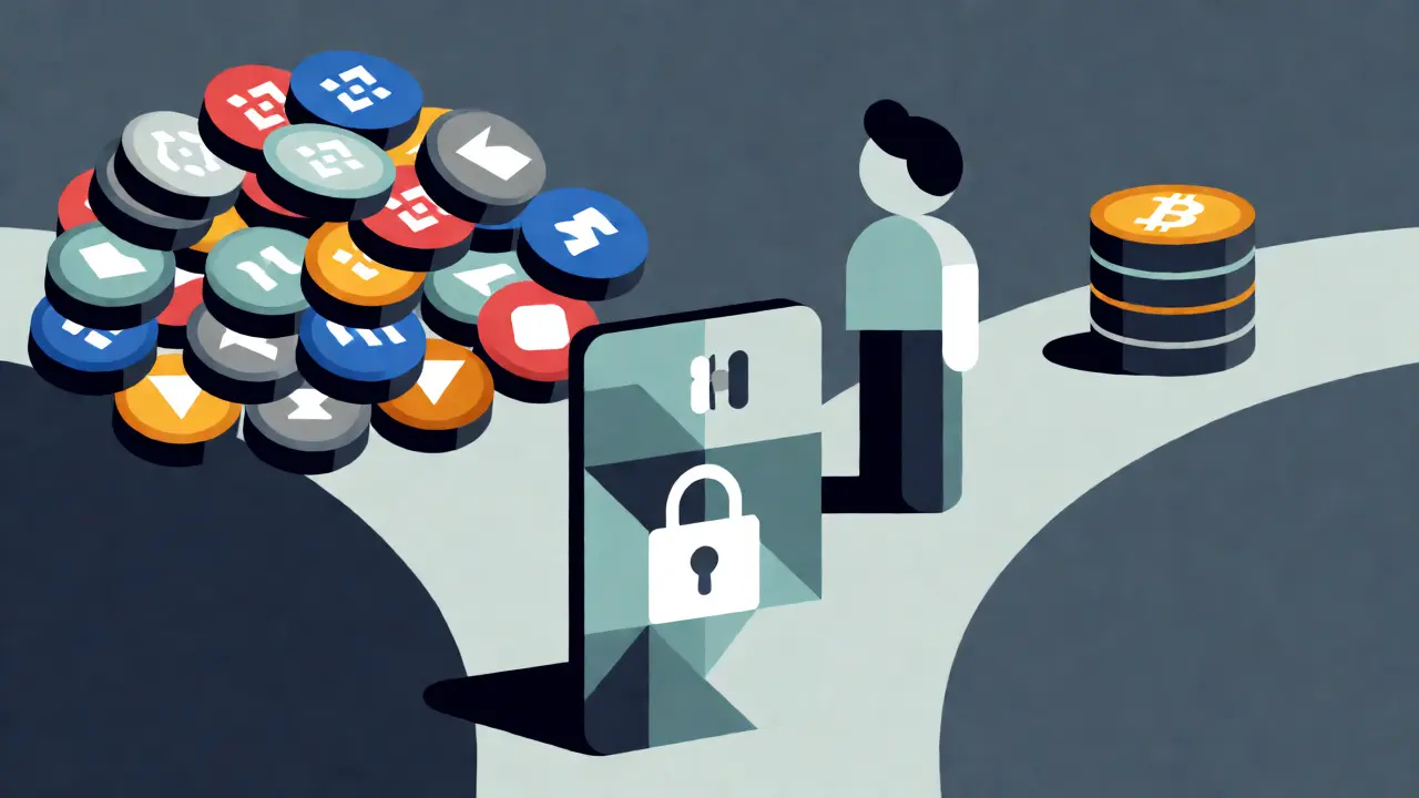 Stylized credit card with a lock icon next to a figure choosing between asset paths.