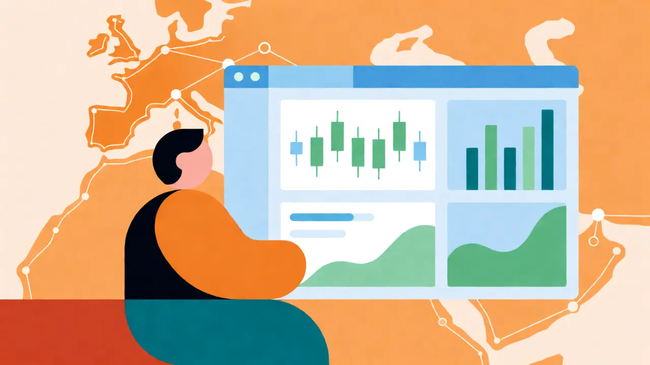 Stylized figure interacting with a geometric trading dashboard and regional map