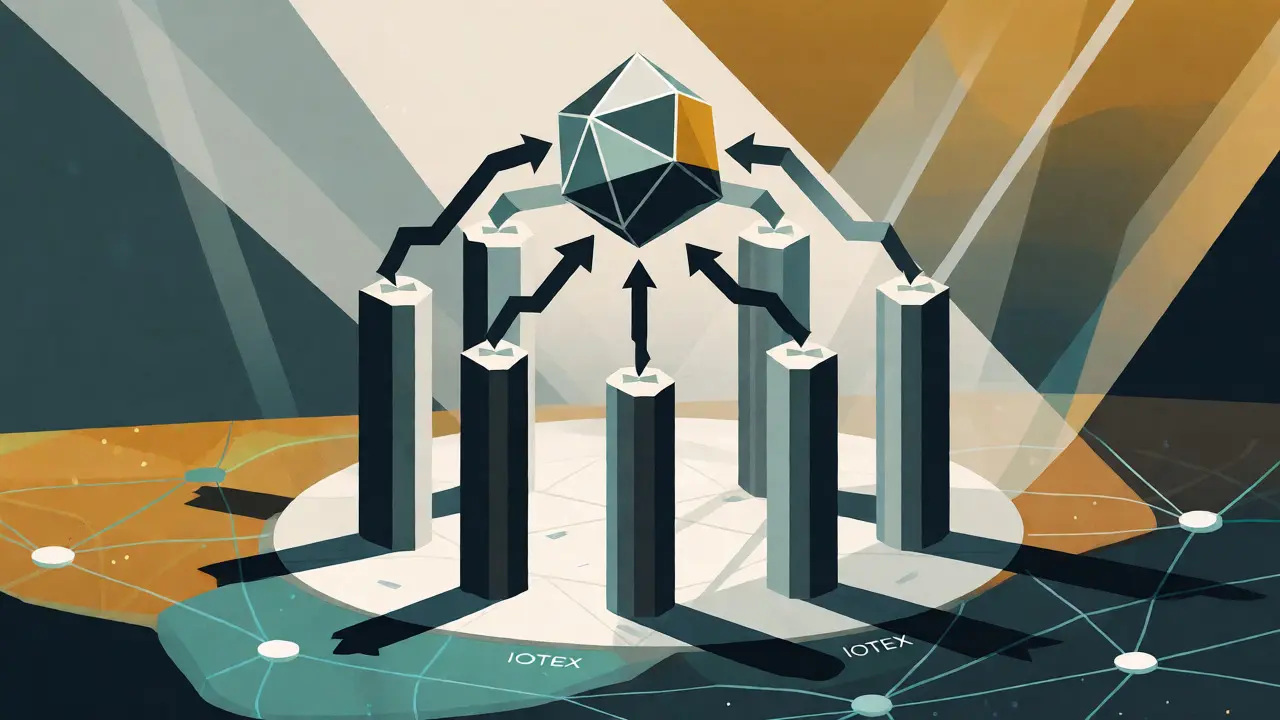 Stylized geometric depiction of DAO governance and multi-chain integration for Cyclone Protocol.