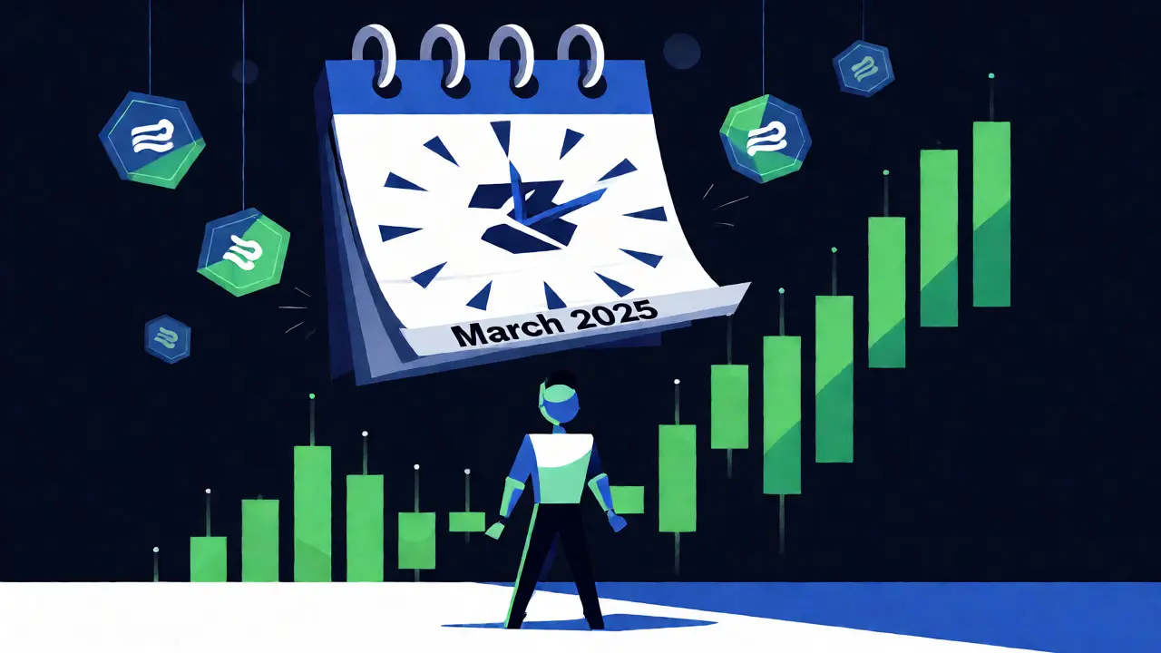 Stylized graphic of a March 2025 calendar transforming into a rising trading chart for the new token.