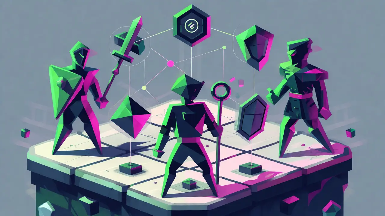 Three angular hero avatars standing on a grid with floating NFT items.