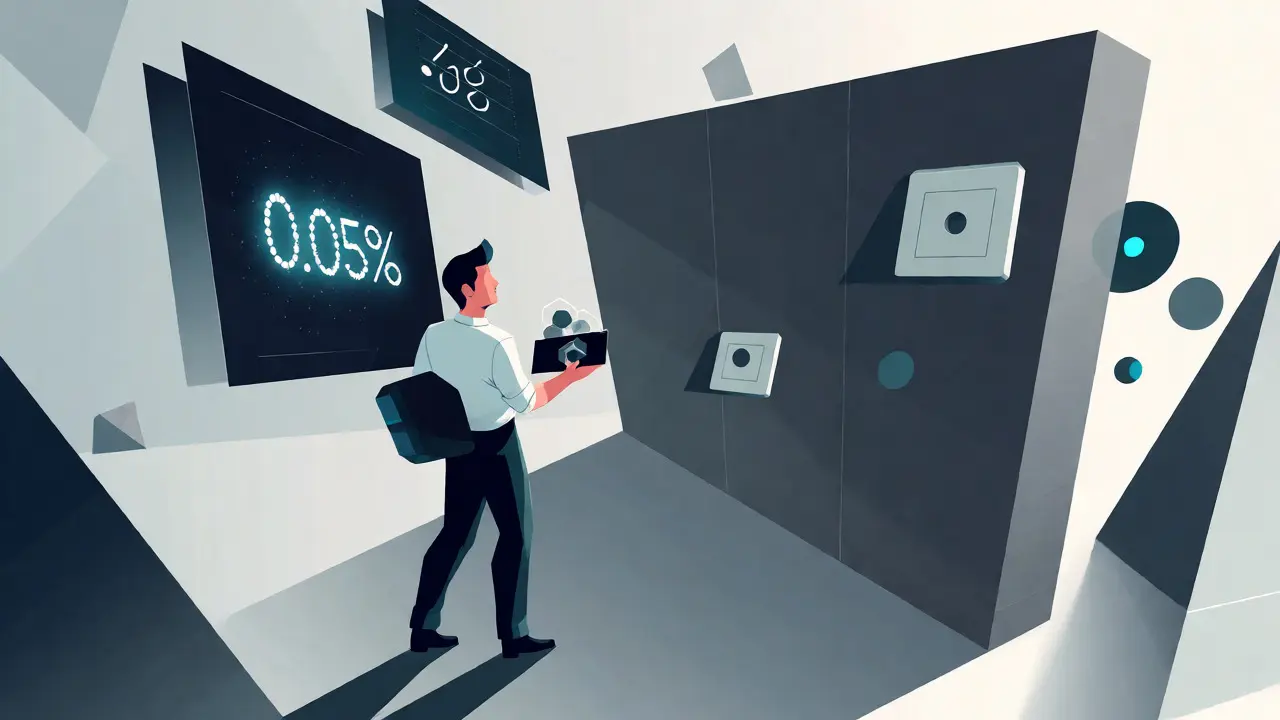 Trader facing a geometric barrier blocking fiat deposits while viewing low fees