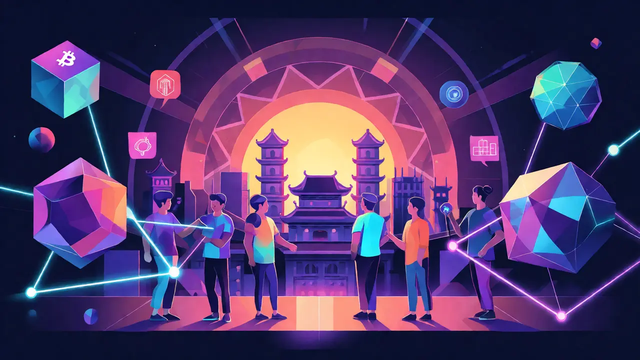 Vibrant geometric scene of traders interacting with digital assets under a regulated Vietnamese sky.