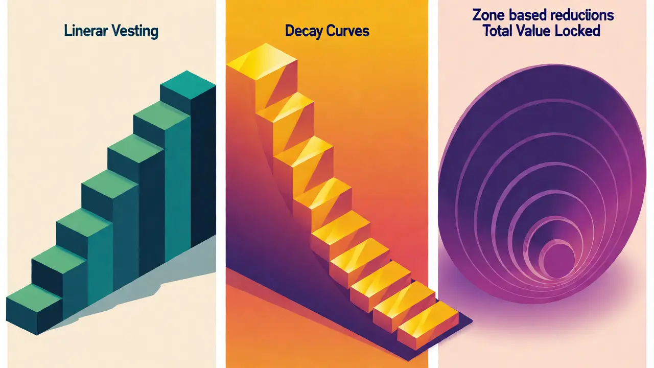 Visual comparison of linear, decay, and zone-based emission schedules