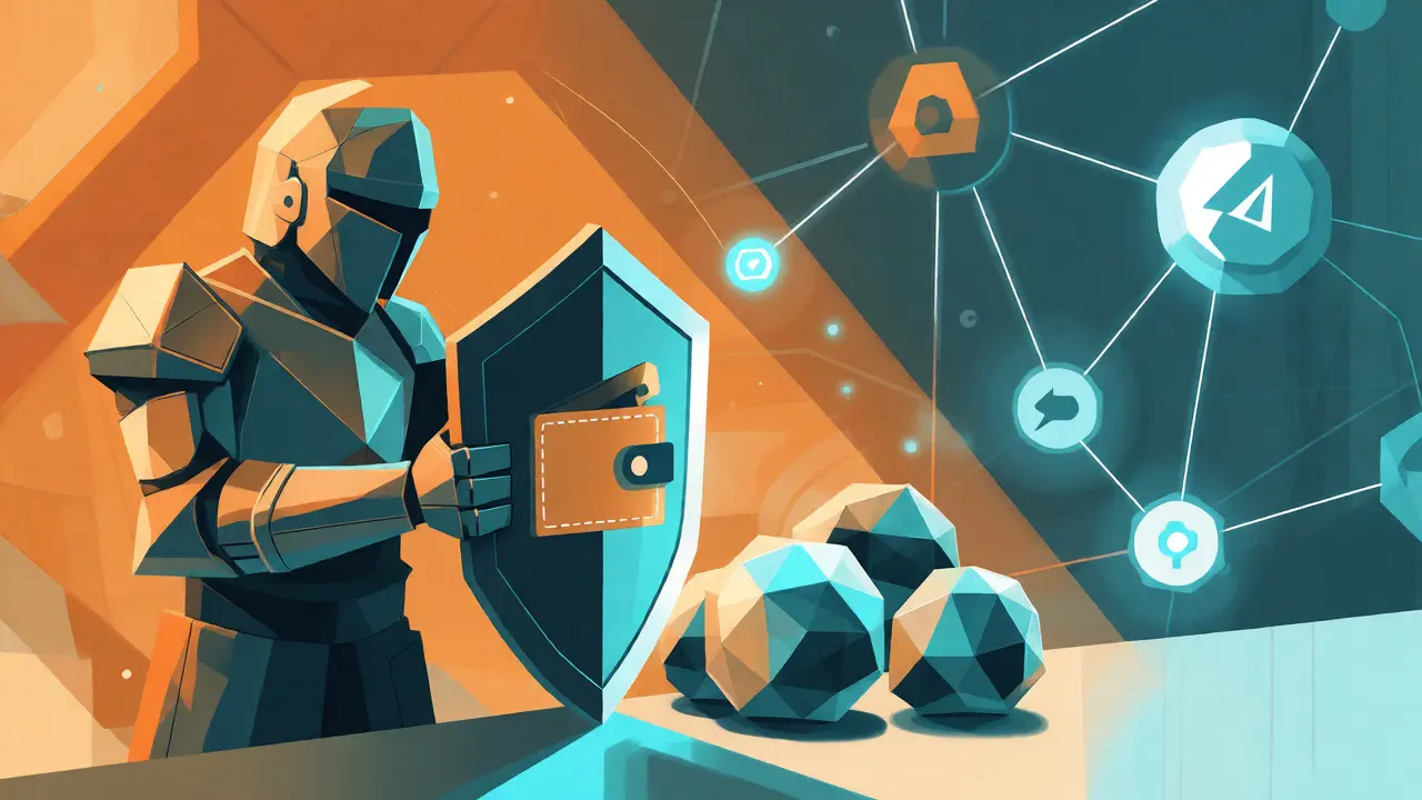 A geometric armored figure shielding key orbs behind a wallet-shaped shield amidst a network of nodes.