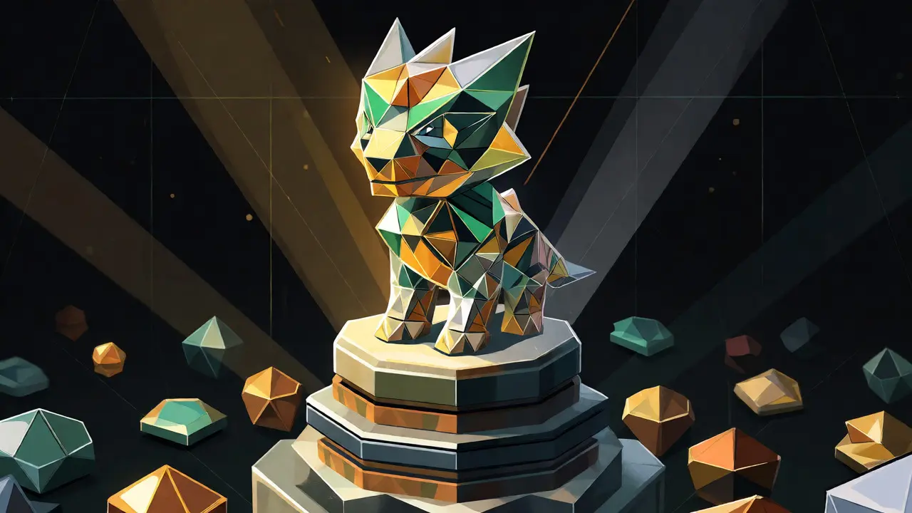 A rare, golden geometric pet standing on a hexagonal pedestal, surrounded by fading common assets.
