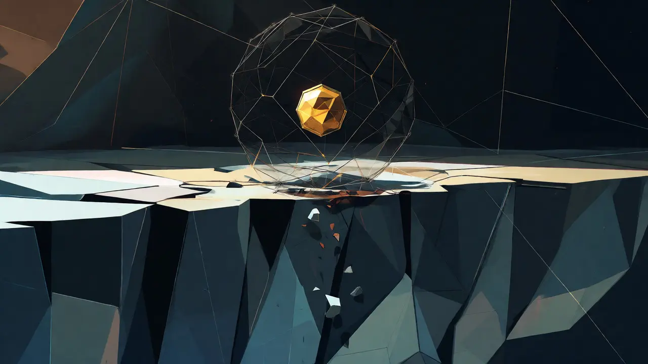 A solitary golden coin trapped in a vast, empty geometric void above a steep cliff of price decline.